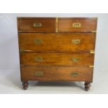 Campaign chest of five drawers, spilts into two sections each with Brass bindings and corners and