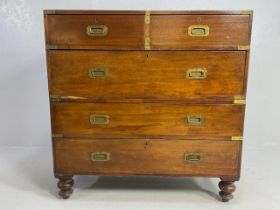 Campaign chest of five drawers, spilts into two sections each with Brass bindings and corners and