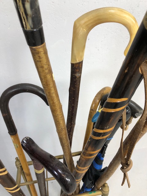 Collection of vintage walking sticks and hiking poles in a Victorian style brass stand 10 items - Image 6 of 12