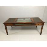 Vintage furniture, late 20th century teak display top coffee table, glass and leather top, drawer