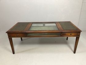 Vintage furniture, late 20th century teak display top coffee table, glass and leather top, drawer