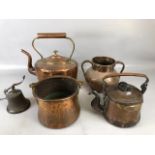 Antique copper ware, Kettles, pots and a brass shop bell