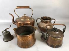 Antique copper ware, Kettles, pots and a brass shop bell