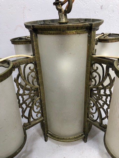 Antique and vintage lighting, 20th century quatrefoil cylinder pendant light, brass with opaque - Image 2 of 4