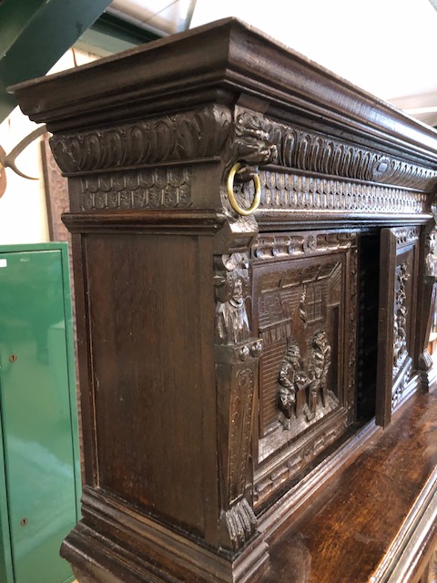 Dresser: late 19th century dark oak continental buffet cupboard, having extensive pictorial carved - Image 5 of 13