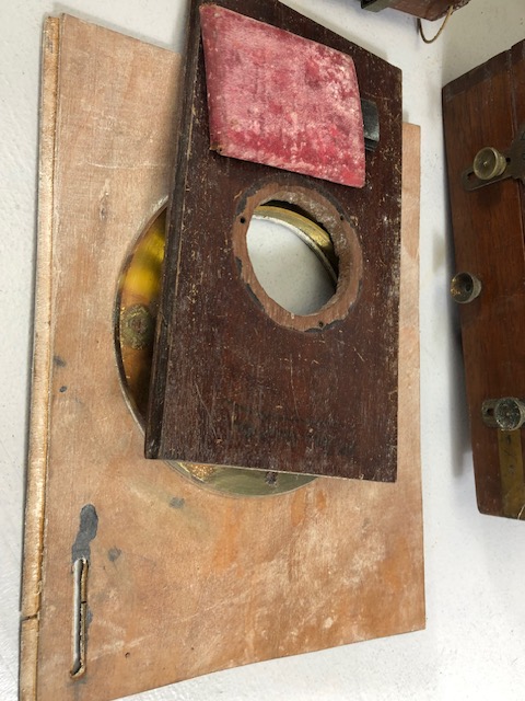 Antique Camera, mahogany and brass, plate glass camera parts including two lenses one marked Pioneer - Image 8 of 8