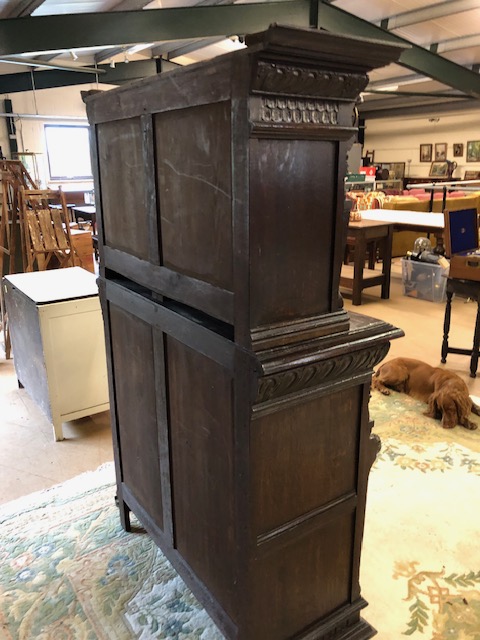 Dresser: late 19th century dark oak continental buffet cupboard, having extensive pictorial carved - Image 13 of 13