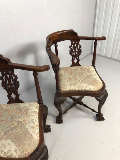 Antique reproduction furniture, pair of 18th century style mahogany corner chairs on ball and claw - Image 3 of 6