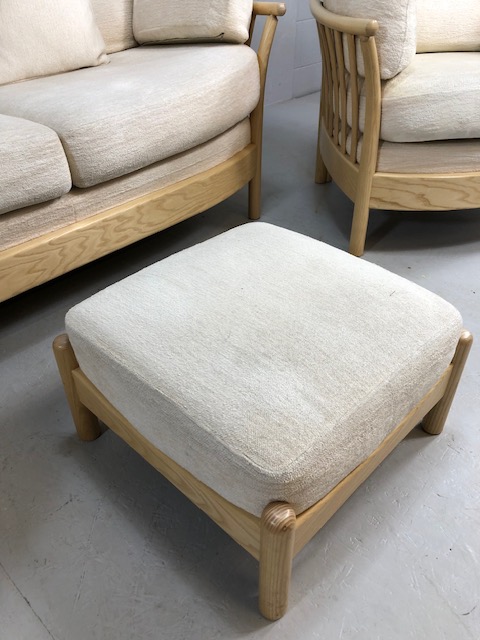 Ercol modern Blonde Ash 2 seater sofa, 2 arm chairs and foot stool cushions upholstered in cream - Image 8 of 11
