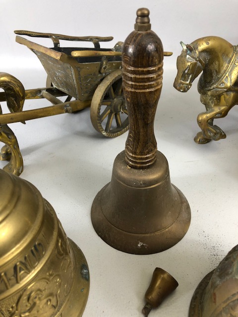 Vintage Brass ware, to include a pair of heavy horses pulling carts and Four bells, (the larger with - Image 4 of 9