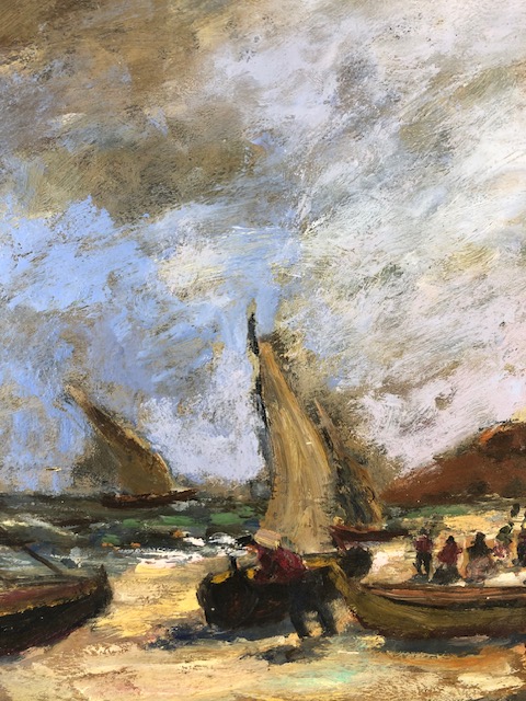 Gleria (Angelo Gleria, California, 1918-1991) oil on board painting signed lower left, fishermen - Image 6 of 9