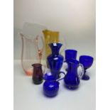 Art glass, collection of water pitchers, jugs, vase, goblets, Bristol blue and other colours 8 items