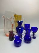 Art glass, collection of water pitchers, jugs, vase, goblets, Bristol blue and other colours 8 items