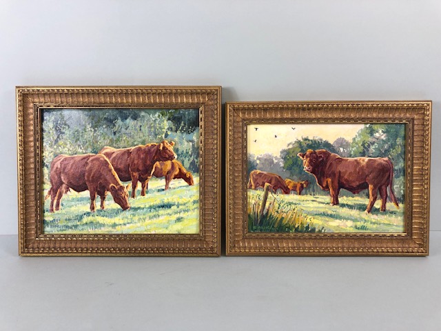 Paintings, pair of contemporary paintings on board of cattle in a field by local Devon artist both