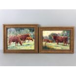Paintings, pair of contemporary paintings on board of cattle in a field by local Devon artist both
