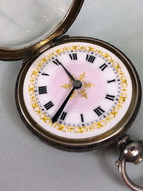 Silver hall marked ladies fob watches one half hunter style with white dial and Roman numerals, - Image 8 of 12