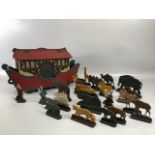 Noah's Ark, early 20th century German flat bottom wooden ark on wheels with a collection of 31 cut