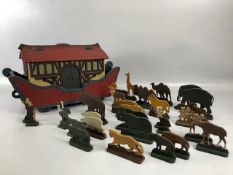 Noah's Ark, early 20th century German flat bottom wooden ark on wheels with a collection of 31 cut