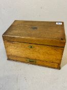 Antique oak slope top writing box with stationary and ink compartments internal bar lock for draw