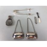 Silver,collection of silver hallmarked items being sugar tongs decanter labels, pencil, letter