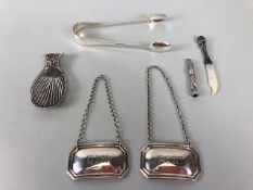 Silver,collection of silver hallmarked items being sugar tongs decanter labels, pencil, letter
