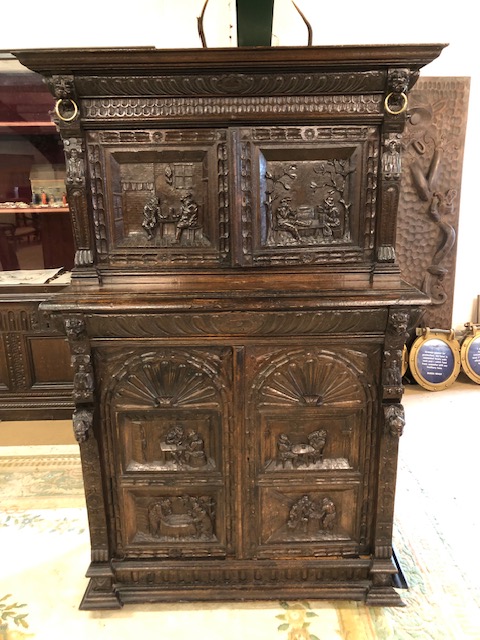 Dresser: late 19th century dark oak continental buffet cupboard, having extensive pictorial carved - Image 2 of 13