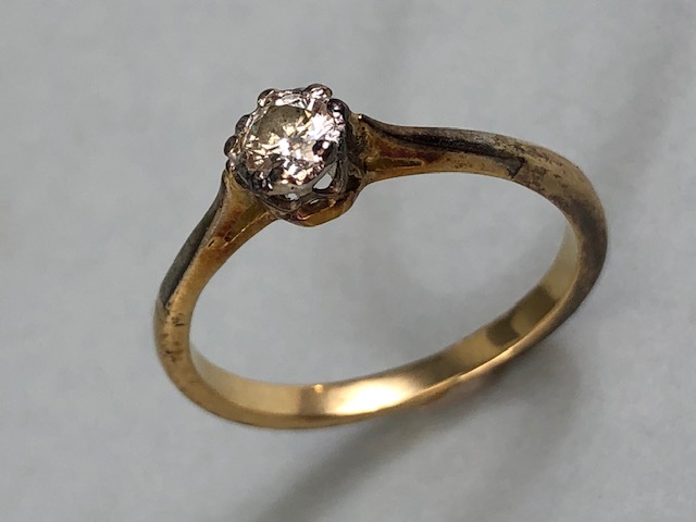 Gold Solitaire ring set with a single diamond, no hallmarks, approx .33ct and size 'K' total - Image 2 of 4