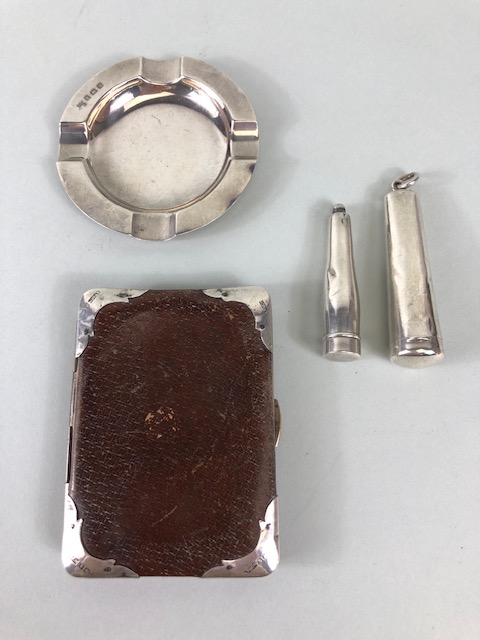 Silver, English Hallmarked silver Ashtray, two cheroot holder cases and a silver mounted leather