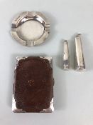 Silver, English Hallmarked silver Ashtray, two cheroot holder cases and a silver mounted leather