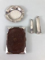 Silver, English Hallmarked silver Ashtray, two cheroot holder cases and a silver mounted leather