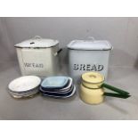 Kitchenalia, quantity of vintage white enamel kitchen items to include 2 bread pins qty of dishes