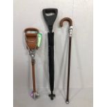 Vintage shooting sticks, two of traditional design, one of modern umbrella design, ONS