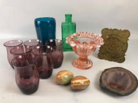 Miscellaneous items to include vintage glass, 1940s brass perpetual, calendar, agate eggs and dish