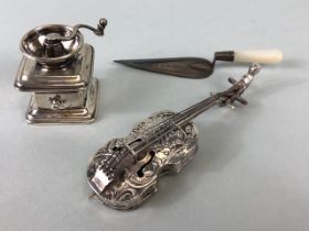 Miniature silver items to include a continental silver Violin and Coffee grinder and an English