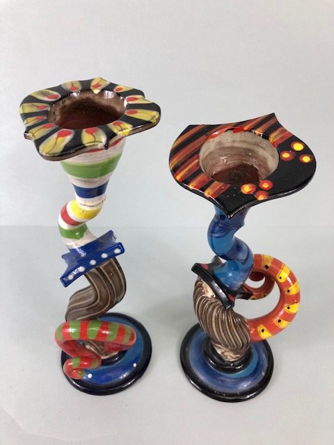 Ross Emerson Art ceramics, being Two twisty candle sticks in multi colour ways approximately 24 - Image 2 of 13