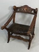 Antique Furniture, 19th Century Spanish revival arm chair the frame with carved decoration of