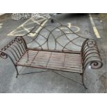 French Style metalwork bench with scroll arms approx 150cm wide