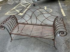 French Style metalwork bench with scroll arms approx 150cm wide