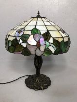 Vintage lighting, Tiffany style table lamp of good proportions, cast metal base of naturalistic form