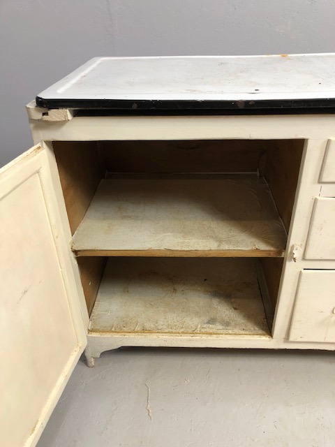 Vintage kitchen unit to include meat safe cupboard, three drawers and a white painted tin top approx - Image 6 of 8