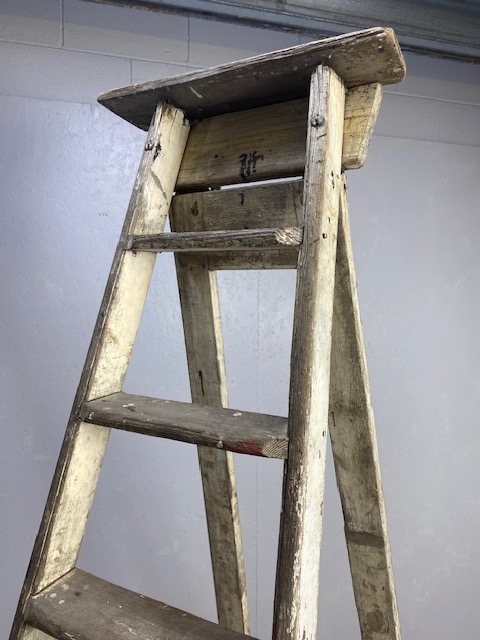 Shop decorative use, large vintage wooden step ladder seven rungs approximately 7ft high - Image 3 of 3