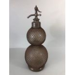 Antique French 19th century twin globe glass and pewter Seltzer Siphon with mesh cover marked