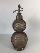 Antique French 19th century twin globe glass and pewter Seltzer Siphon with mesh cover marked