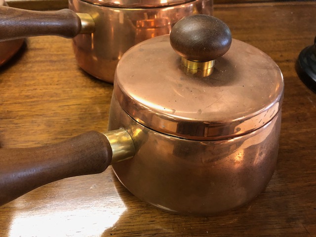 Vintage Retro mid century set of Copper pans with teak handles, comprising three sauce pans and - Image 2 of 6