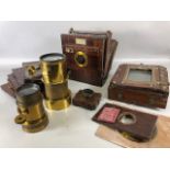 Antique Camera, mahogany and brass, plate glass camera parts including two lenses one marked Pioneer
