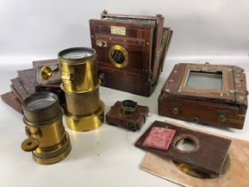 Antique Camera, mahogany and brass, plate glass camera parts including two lenses one marked Pioneer