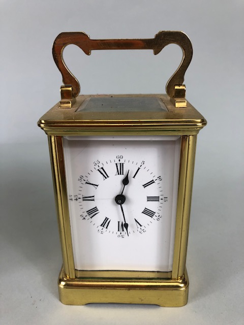 Vintage carriage clock of brass with clear panels, white dial with roman numerals approximately 11cm - Image 4 of 12