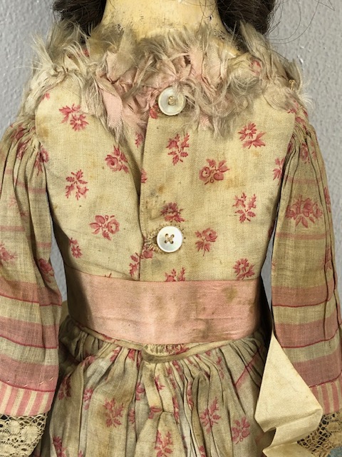 Antique doll, early 19th Century wood and cloth bodied doll with painted gesso face, silk clothes - Image 16 of 27