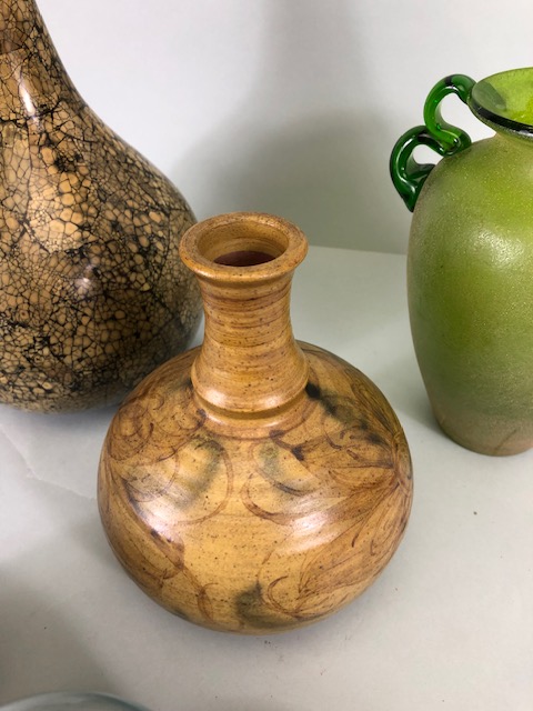 Decorative pottery and glass, Elvington pottery round flask bottle, crackle glaze vase, three - Image 3 of 7