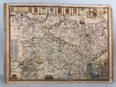 Antique Map of Kent by the famous Cartographer John Speed, unframed approximately 53 x 40cm